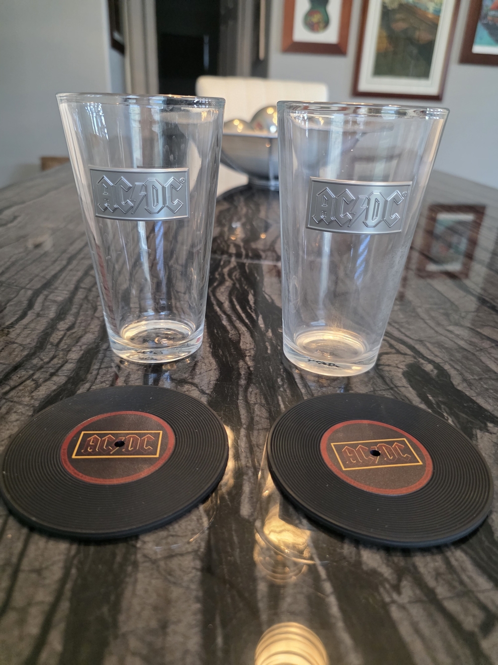 Official AC/DC Merch Clear Glass Pint Tumblers with Black and Red Logo Coasters